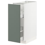 Depicts a modern kitchen cabinet from the METOD system, featuring a tall, rectangular shape with a greenish-gray door and white interior compartments.