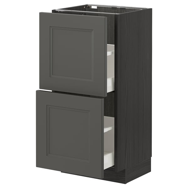 A dark grey METOD kitchen cabinet with two drawers. The cabinet is sleek and modern with high-quality finish and self-closing drawers.