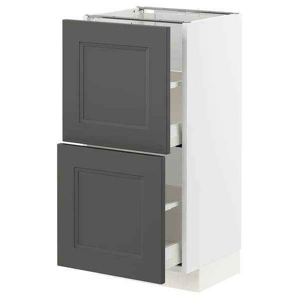 A METOD kitchen cabinet with dark grey axstad doors, featuring two drawers and a cabinet space. It has a modern or traditional design.