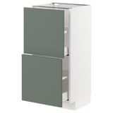A modern white METOD kitchen unit with two grey-green drawers. The unit a sleek design and sturdy construction.