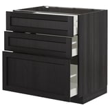 METOD kitchen unit: dark stained wood drawers, three large drawers, square block shape.