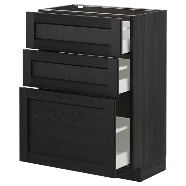 Black METOD kitchen cabinet with three drawers, wooden finish, square shape and modern design.