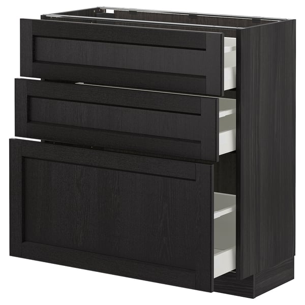 METOD black stained ash kitchen unit with bevelled drawers.