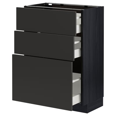Modern black kitchen cabinet with three drawers, sleek design, matt finish, and sturdy material.