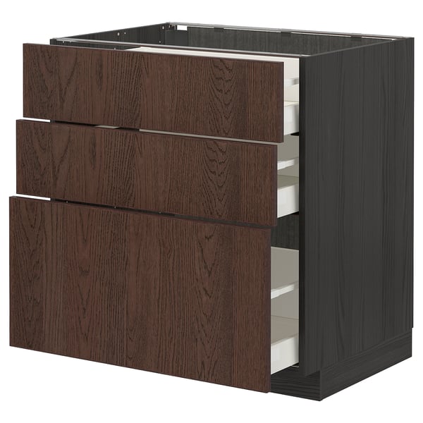 Brown METOD kitchen unit with three open drawers, dark wood grain design, rectangular.