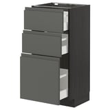 Modern kitchen cabinet with dark grey drawers and metal handles, offering sleek and organized storage.