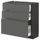 Modern dark grey kitchen cabinet with multiple drawers.