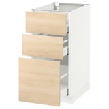 An open white cabinet with three wooden drawers, each slightly pulled out.