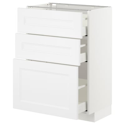 White METOD kitchen cabinet with three drawers and shelves.