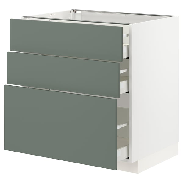 IKEA METOD cabinet in grey-green with sleek, three-drawer design. Modern, minimalist kitchen storage with smooth-running drawers.