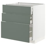 IKEA METOD cabinet in grey-green with sleek, three-drawer design. Modern, minimalist kitchen storage with smooth-running drawers.