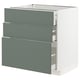 IKEA METOD cabinet in grey-green with sleek, three-drawer design. Modern, minimalist kitchen storage with smooth-running drawers.