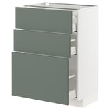 A METOD kitchen cabinet with grey-green drawers. It has a modern design with three drawers and a white frame.