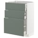 A METOD kitchen cabinet with grey-green drawers. It has a modern design with three drawers and a white frame.