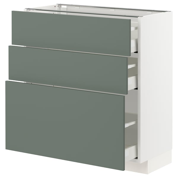 METOD kitchen cabinet in grey-green with three drawers, sleek modern design, sturdy frame.