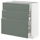 METOD kitchen cabinet in grey-green with three drawers, sleek modern design, sturdy frame.