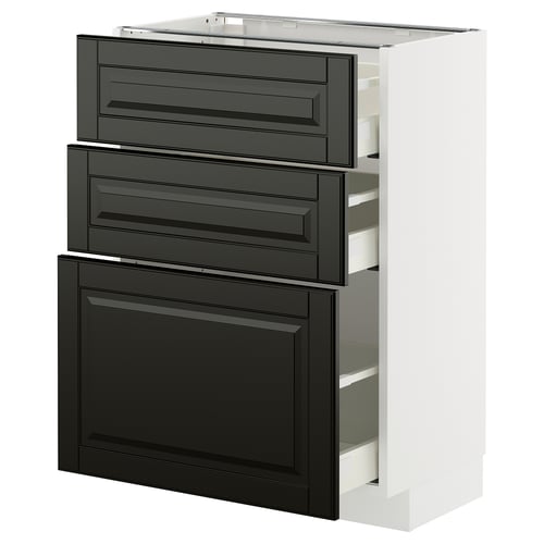 Modern kitchen cabinet: METOD, white & black, with three drawers and sleek fronts.
