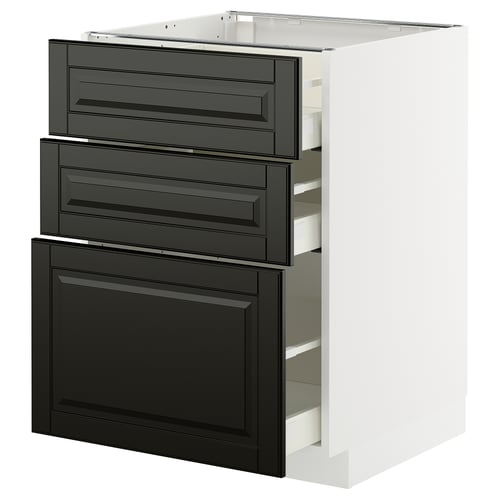 A kitchen cabinet set named METOD, featuring three black bodbyn drawers with bevelled edges, set within a white frame.