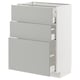 Modern white METOD kitchen unit with three grey drawers and sleek handles.