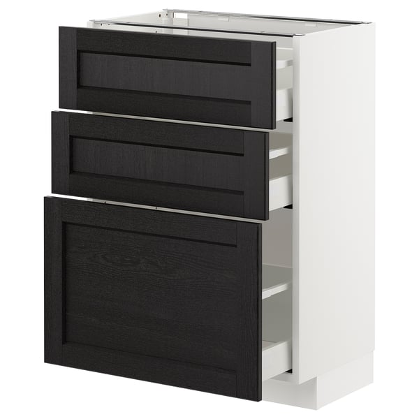 Modern white kitchen unit with 3 dark wood drawers, sleek design, sturdy and smooth.