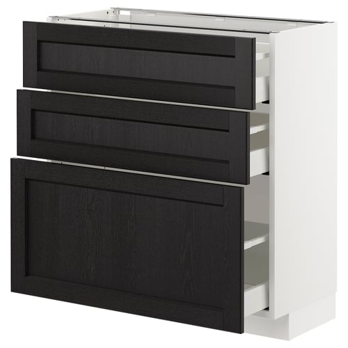 An ikea METOD kitchen unit with dark stained wood drawer fronts, three drawers, and a sleek modern design.