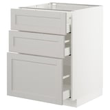 METOD kitchen unit in light grey with three drawers, white edges, classic design.