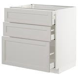 Modern white kitchen unit with three drawers, light grey, bevelled edges, sturdy design.
