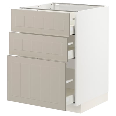 METOD kitchen unit in beige with three drawers, smooth surfaces, sturdy construction.