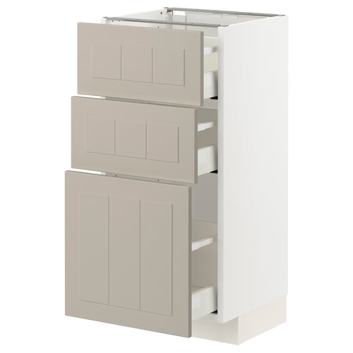 METOD kitchen unit in beige with three drawers and door, white frame, modern design.
