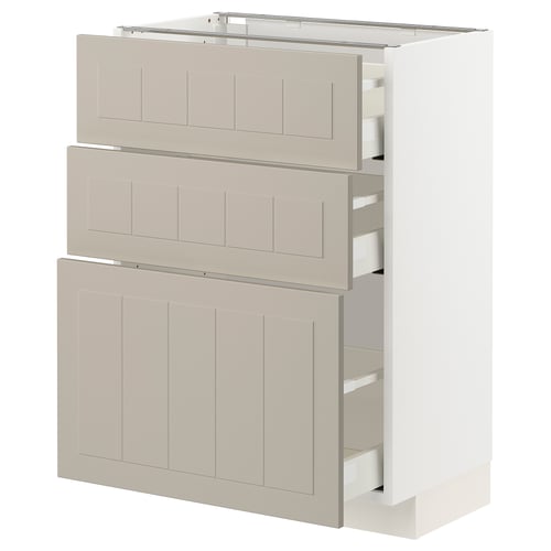 A white and beige METOD kitchen cabinet with three drawers and open shelves. Modern design, perfect for storage.