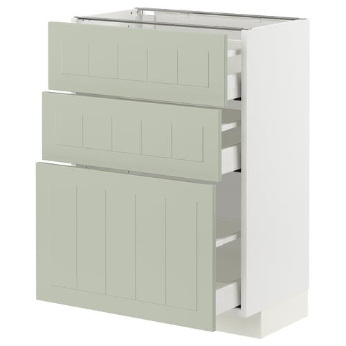 A green METOD kitchen cabinet with three drawers in a modern style. Its rectangular with smooth surfaces and vertical grooves on the drawer fronts.