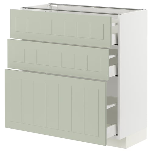 A green METOD kitchen cabinet set with drawers, featuring a crafted design and soft-close drawers.