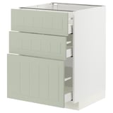 Modern kitchen unit with 3 green drawers. Sleek, rectangular design. Made from durable fiberboard and particleboard. Soft-close drawers.