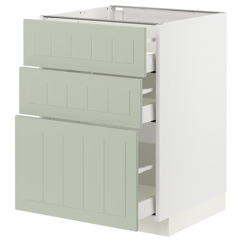 Modern kitchen unit with 3 green drawers. Sleek, rectangular design. Made from durable fiberboard and particleboard. Soft-close drawers.