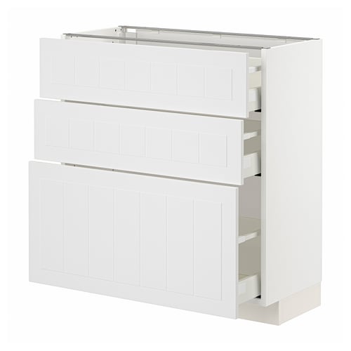 White METOD kitchen unit with three drawers, sleek design.