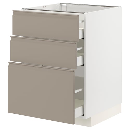 Beige kitchen unit with three drawers, sleek modern design, sturdy construction.