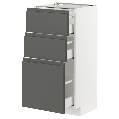 METOD kitchen unit with dark grey drawers and white cabinet.