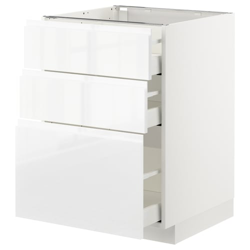 White high gloss kitchen cabinet with multiple drawers.