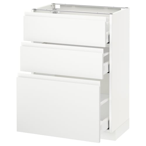 White ikea METOD kitchen unit with three drawers and sleek handles.