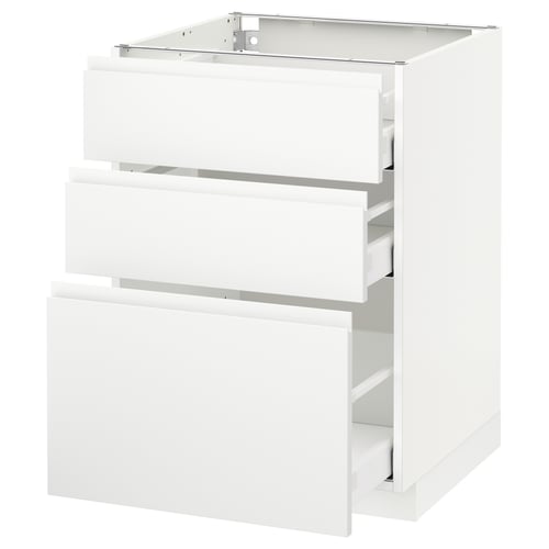 Modern white METOD kitchen unit with three drawers, sleek, high-end design.