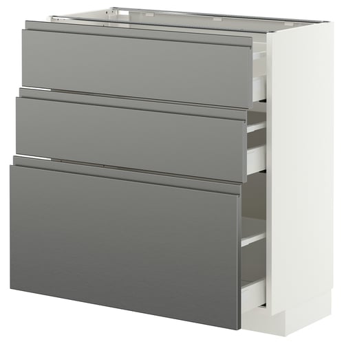 METOD / MAXIMERA Base cabinet with 3 drawers, white/Voxtorp stainless steel effect, 80x37 cm