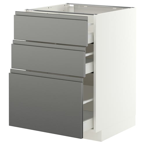 METOD / MAXIMERA Base cabinet with 3 drawers, white/Voxtorp stainless steel effect, 60x60 cm