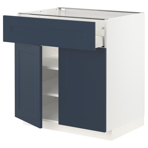 Blue-lacquered kitchen unit with drawer and shelves.