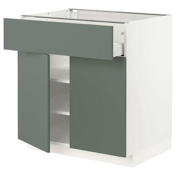 Modern green-grey kitchen unit with drawer and shelves.