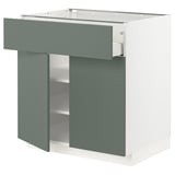 Modern green-grey kitchen unit with drawer and shelves.