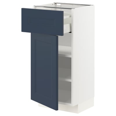 Blue-white METOD kitchen unit, slim design with drawer, adjustable shelves, modern style.