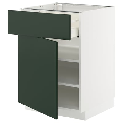 Modern white kitchen cabinet with dark green drawers and door; sleek, minimalistic design.