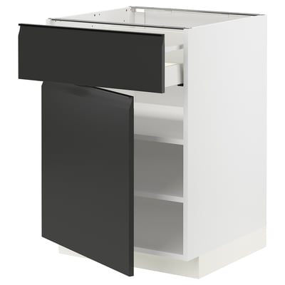 Modern white METOD kitchen unit with matte black drawer and door, sleek handle-less design, sturdy build.