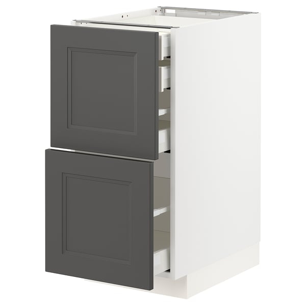 IKEA METOD kitchen cabinet, white & dark grey, square drawers.