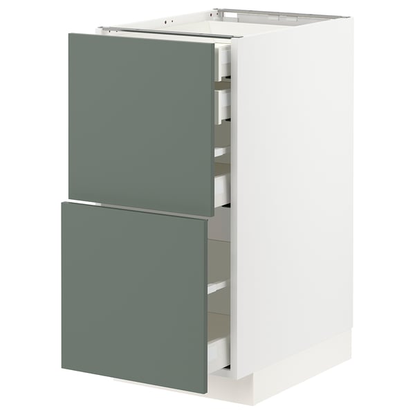 Modern kitchen cabinet in grey-green with two drawers.